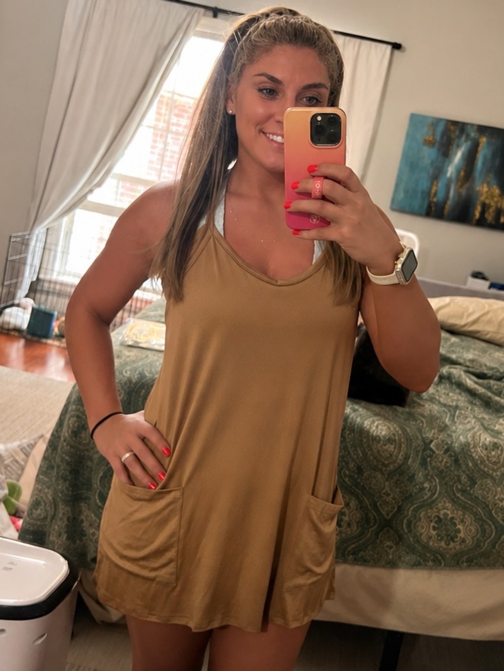 Casual Sleeveless Pocket Tunic Dress with built in shorts in Camel
